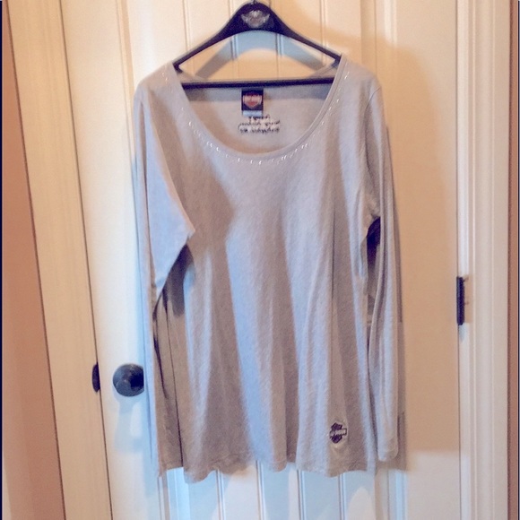 HARLEY DAVIDSON  2X Long Sleeves Top / Tunic  Lt Grey metallic studs Neck&Logo - Picture 7 of 7